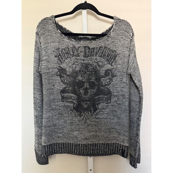 Harley Davidson Skull Print Sweater Gray Open Knit Pullover Wide Neck Size M - Picture 1 of 5